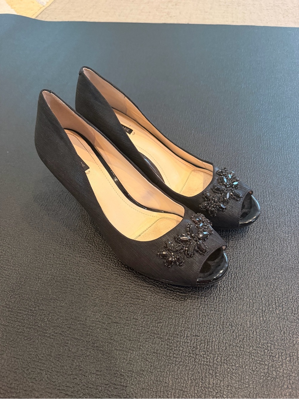 Alex Marie Black Beaded Peep-Toe Wedges Size 10